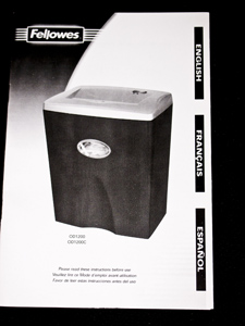 Picture of Fellowes personal home paper shredder manual for Fellowes model OD 1200c for Peter Free review of that shredder.